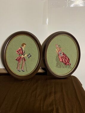 😄Vintage needlepoint oval framed Victorian gentleman lady olive kitschy handmade